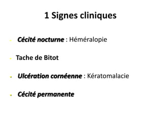 1 Signes cliniques
 Cécité nocturne : Héméralopie
 Tache de Bitot
 Ulcération cornéenne : Kératomalacie
 Cécité permanente
 