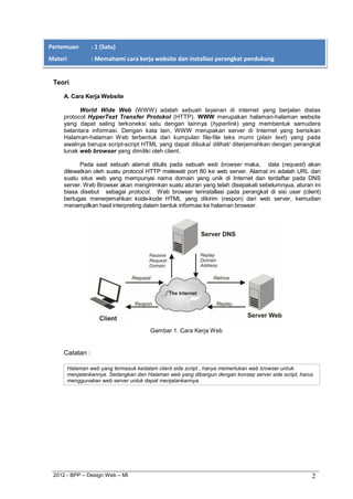 2012 - BPP – Design Web – MI 2 
Pertemuan : 1 (Satu) 
Materi : Memahami cara kerja website dan installasi perangkat pendukung 
web se 
Teori 
A. Cara Kerja Website 
World Wide Web (WWW) adalah sebuah layanan di internet yang berjalan diatas protocol HyperText Transfer Protokol (HTTP). WWW merupakan halaman-halaman website yang dapat saling terkoneksi satu dengan lainnya (hyperlink) yang membentuk samudera belantara informasi. Dengan kata lain, WWW merupakan server di Internet yang berisikan Halaman-halaman Web terbentuk dari kumpulan file-file teks murni (plain text) yang pada awalnya berupa script-script HTML yang dapat dibuka/ dilihat/ diterjemahkan dengan perangkat lunak web browser yang dimiliki oleh client. 
Pada saat sebuah alamat ditulis pada sebuah web browser maka, data (request) akan dilewatkan oleh suatu protocol HTTP melewati port 80 ke web server. Alamat ini adalah URL dari suatu situs web yang mempunyai nama domain yang unik di Internet dan terdaftar pada DNS server. Web Browser akan mengirimkan suatu aturan yang telah disepakati sebelumnyua, aturan ini biasa disebut sebagai protocol. Web browser terinstallasi pada perangkat di sisi user (client) bertugas menerjemahkan kode-kode HTML yang dikirim (respon) dari web server, kemudian menampilkan hasil interpreting dalam bentuk informasi ke halaman browser. 
Gambar 1. Cara Kerja Web 
Catatan : 
Halaman web yang termasuk kedalam client side script , hanya memerlukan web browser untuk menjalankannya. Sedangkan dan Halaman web yang dibangun dengan konsep server side script, harus menggunakan web server untuk dapat menjalankannya.  