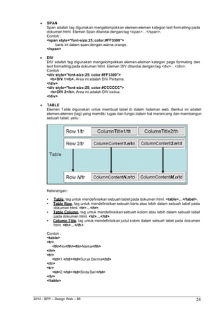 2012 - BPP – Design Web – MI 24 
 SPAN 
Span adalah tag digunakan mengelompokkan elemen-elemen kategori text formatting pada dokumen html. Elemen Span ditandai dengan tag <span>…</span>. 
Contoh : 
<span style="font-size:25; color:#FF3300"> 
baris ini dalam span dengan warna orange. 
</span> 
 DIV 
DIV adalah tag digunakan mengelompokkan elemen-elemen kategori page formating dan text formatting pada dokumen html. Elemen DIV ditandai dengan tag <div>…</div>. 
Contoh : 
<div style="font-size:25; color:#FF3300"> 
<b>DIV 1</b>. Area ini adalah DIV Pertama. 
</div> 
<div style="font-size:25; color:#CCCCCC"> 
<b>DIV 2</b>. Area ini adalah DIV kedua. 
</div> 
 TABLE 
Elemen Table digunakan untuk membuat tabel di dalam halaman web. Berikut ini adalah elemen-elemen (tag) yang memiliki tugas dan fungsi dalam hal merancang dan membangun sebuah tabel, yaitu : 
Keterangan : 
• Table, tag untuk mendefinisikan sebuah tabel pada dokumen html. <table>…</tabel>. 
• Table Row, tag untuk mendefinisikan sebuah baris atau lebih dalam sebuah tabel pada dokumen html. <tr>…</tr>. 
• Table Column, tag untuk mendefinisikan sebuah kolom atau lebih dalam sebuah tabel pada dokumen html. <td>…</td>. 
• Column Title, tag untuk mendefinisikan judul kolom dalam sebuah tabel pada dokumen html. <th>…</th>. 
Contoh : 
<table> 
<tr> 
<th>No</th><th>Nama</th> 
</tr> 
<tr> 
<td>1.</td><td>Surya Darma</td> 
</tr> 
<tr> 
<td>2.</td><td>Sinta Sari</td> 
</tr> 
</table>  