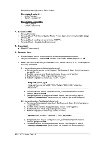2012 - BPP – Design Web – MI 25 
Menyatukan/Menggabungkan Baris / Kolom : 
Menyatukan 2 baris <tr> : 
- Atribut Rowspan: 
- Contoh : rowspan=“2” 
Menyatukan 2 kolom <td> : 
- Atribut Colspan 
- Contoh : colspan=“2” 
4. Bahan dan Alat 
 Personal Komputer 
 Perangkat lunak Web Browser ( yaitu : Mozilla Firefox, Opera, Internet Explorer (IE), Google 
Chrome, dll) 
 Perangkat lunak bundling web server (yaitu: XAMPP) 
 Perangkat lunak : Notepad atau Dreamweaver 
5. Organisasi 
 Mandiri (Perseorangan) 
6. Prosedur Kerja 
1. Buatlah direktori website didalam direktori web server yang telah terinstallasi : 
Dengan nama direktori : “praktikum4”, didalam direktori aktif web server (direktori “pw”). 
2. Merancang halaman web dengan meletakkan script elemen pada tag BODY untuk keperluan 
Importing Multimedia 
2.1. Menampilkan image/gambar pada halaman web 
a. Persiapkan file gambar format (jpg/jpeg). Dan letakkan di dalam direktori yang sama dengan file html. 
b. Gantilah nama / rename file gambar tersebut dengan nama “gambar” 
c. Buatlah dokumen HTML lengkap dengan strukturnya d. Ketiklah script berikut diantara tag <body>..</body>: 
<img src=”gambar.jpg”/> 
<img src=”gambar.jpg” width=”200px” height=”200px” title=”ini gambar pertamaku”/> 
e. Simpan dokumen dengan nama percobaan4_1.html dan simpanlah di dalam direktori “pwpraktikum4”. 
f. Jalankan dokumen tersebut pada browser dengan cara mengetikan alamat 
“localhost/pw/praktikum4” pada address bar browser, dan amati hasil ouput. 
2.2. Menampilkan Java Applet pada halaman web 
a. Persiapkan file java applet. (download). Dan letakkan di dalam direktori yang sama dengan file html. 
b. Gantilah nama / rename file applet tersebut dengan nama “jappletku” 
c. Buatlah dokumen HTML lengkap dengan strukturnya d. Ketiklah script berikut diantara tag <body>..</body>: 
<applet code="jappletku " codebase = "./flash "></applet> 
e. Simpan dokumen dengan nama percobaan4_2.html dan simpanlah di dalam direktori “pwpraktikum4”. 
f. Jalankan dokumen tersebut pada browser dengan cara mengetikan alamat 
“localhost/pw/praktikum4” pada address bar browser, dan amati hasil ouput.  