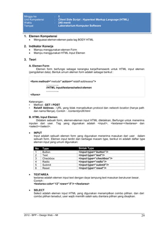 2012 - BPP – Design Web – MI 29 
Minggu ke : 5 
Unit Kompetensi : Client Side Script : Hypertext Markup Language (HTML) 
Waktu : 240 menit 
Tempat Laboratorium Komputer Software 
1. Elemen Kompetensi 
 Menguasai elemen-elemen pada tag BODY HTML 
2. Indikator Konerja 
 Mampu menggunakan elemen Form 
 Mampu menggunakan HTML Input Elemen 
3. Teori 
A. Elemen Form 
Elemen form berfungsi sebagai kerangka kerja/framework untuk HTML input elemen 
(pengolahan data). Bentuk umum elemen form adalah sebagai berikut : 
<form method=“metode” action=“relatif-addresess”> 
………….. 
//HTML input/textarea/select elemen 
………….. 
</form> 
Keterangan : 
• Method : GET / POST 
• Relatif Address - URL yang tidak menyebutkan protocol dan network location (hanya path 
dan nama filenya). Contoh : ./content/profil.html 
B. HTML Input Elemen 
Didalam sebuah form, elemen-elemen input HTML diletakkan, Berfungsi untuk menerima inputan dari user. Tag yang digunakan adalah <input/>, <textarea></textarea> dan 
<select></select>. 
 INPUT 
Input adalah sebuah elemen form yang digunakan menerima masukan dari user dalam sebuah form. Elemen input terdiri dari berbagai macam type, berikut ini adalah daftar type elemen input yang umum digunakan: 
No Type Sintak Type 
1 
Button 
<input type=“button”/> 
2 
Text 
<input type=“text”/> 
3 
Checkbox 
<input type=“checkbox”/> 
4 
Radio 
<input type=“radio”/> 
5 
Submit 
<input type=“submit”/> 
6 
Reset 
<input type=“reset”/> 
 TEXTAREA 
textarea adalah elemen input text dengan daya tampung text masukan berukuran besar. Contoh : 
<textarea cols=“12” rows=“5”/> </textarea> 
 SELECT 
Select adalah elemen input HTML yang digunakan menampilkan combo pilihan. dan dari combo pilihan tersebut, user wajib memilih salah satu diantara pilihan yang disajikan. 
 