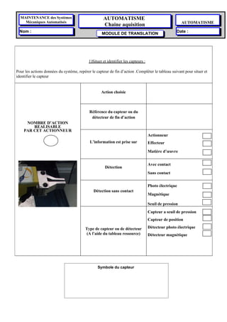 MAINTENANCE des Systèmes                           AUTOMATISME
    Mécaniques Automatisés                                                                              AUTOMATISME
                                                     Chaine aquisition
  Nom :                                                                                             Date :
                                                    MODULE DE TRANSLATION




                                            1)Situer et identifier les capteurs :

Pour les actions données du système, repérer le capteur de fin d’action .Compléter le tableau suivant pour situer et
identifier le capteur


                                                    Action choisie



                                            Référence du capteur ou du
                                             détecteur de fin d’action
     NOMBRE D’ACTION
        REALISABLE
    PAR CET ACTIONNEUR
                                                                                    Actionneur
                                            L’information est prise sur             Effecteur

                                                                                    Matière d’œuvre


                                                                                    Avec contact
                                                      Détection
                                                                                    Sans contact


                                                                                    Photo électrique
                                               Détection sans contact
                                                                                    Magnétique

                                                                                    Seuil de pression
                                                                                    Capteur a seuil de pression
                                                                                    Capteur de position

                                          Type de capteur ou de détecteur           Détecteur photo électrique
                                          (A l’aide du tableau ressource)           Détecteur magnétique




                                                 Symbole du capteur 
 