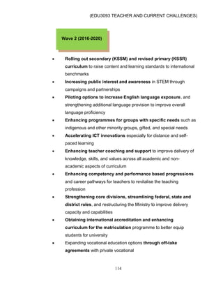 (EDU3093 TEACHER AND CURRENT CHALLENGES)
114
 Rolling out secondary (KSSM) and revised primary (KSSR)
curriculum to raise content and learning standards to international
benchmarks
 Increasing public interest and awareness in STEM through
campaigns and partnerships
 Piloting options to increase English language exposure, and
strengthening additional language provision to improve overall
language proficiency
 Enhancing programmes for groups with specific needs such as
indigenous and other minority groups, gifted, and special needs
 Accelerating ICT innovations especially for distance and self-
paced learning
 Enhancing teacher coaching and support to improve delivery of
knowledge, skills, and values across all academic and non-
academic aspects of curriculum
 Enhancing competency and performance based progressions
and career pathways for teachers to revitalise the teaching
profession
 Strengthening core divisions, streamlining federal, state and
district roles, and restructuring the Ministry to improve delivery
capacity and capabilities
 Obtaining international accreditation and enhancing
curriculum for the matriculation programme to better equip
students for university
 Expanding vocational education options through off-take
agreements with private vocational
Wave 2 (2016-2020)
 