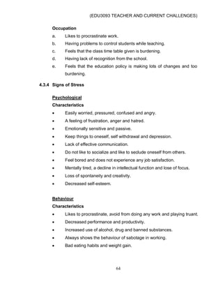 (EDU3093 TEACHER AND CURRENT CHALLENGES)
64
Occupation
a. Likes to procrastinate work.
b. Having problems to control students while teaching.
c. Feels that the class time table given is burdening.
d. Having lack of recognition from the school.
e. Feels that the education policy is making lots of changes and too
burdening.
4.3.4 Signs of Stress
Psychological
Characteristics
 Easily worried, pressured, confused and angry.
 A feeling of frustration, anger and hatred.
 Emotionally sensitive and passive.
 Keep things to oneself, self withdrawal and depression.
 Lack of effective communication.
 Do not like to socialize and like to seclude oneself from others.
 Feel bored and does not experience any job satisfaction.
 Mentally tired, a decline in intellectual function and lose of focus.
 Loss of spontaneity and creativity.
 Decreased self-esteem.
Behaviour
Characteristics
 Likes to procrastinate, avoid from doing any work and playing truant.
 Decreased performance and productivity.
 Increased use of alcohol, drug and banned substances.
 Always shows the behaviour of sabotage in working.
 Bad eating habits and weight gain.
 