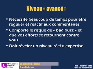 Du diplôme à l’emploi,
Franchir le pas
Bureau d’Aide à l’Insertion Professionnelle
42 rue Paul DUEZ -59000 LILLE
Un nom de domaine
Acheter un nom de domaine permet de :
 renforcer votre visibilité,
 s’assurer une très bonne place dans les
moteurs de recherche
Exemples :
Monnom.fr
Monpseudo.com
Unssujet.info.fr
Un nom de domaine doit pointer sur un
contenu pour attirer l’attention, à moins
d’être déjà connu
En général, il aboutit à un site de contenus sur
un secteur et un métier, avec des prestations
et des missions, ainsi qu’un moyen de contact
Mais cela peut être une contenu plus spécifique
comme votre CV Douyoubuzz
Objectifs : Le contenu :
 