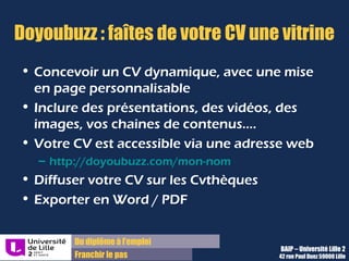 Du diplôme à l’emploi,
Franchir le pas
Bureau d’Aide à l’Insertion Professionnelle
42 rue Paul DUEZ -59000 LILLE
Pour aller plus loin sur l’e-réputation :
Quelques références :
http://e-reputation.org/
http://www.mediassociaux.fr/
 