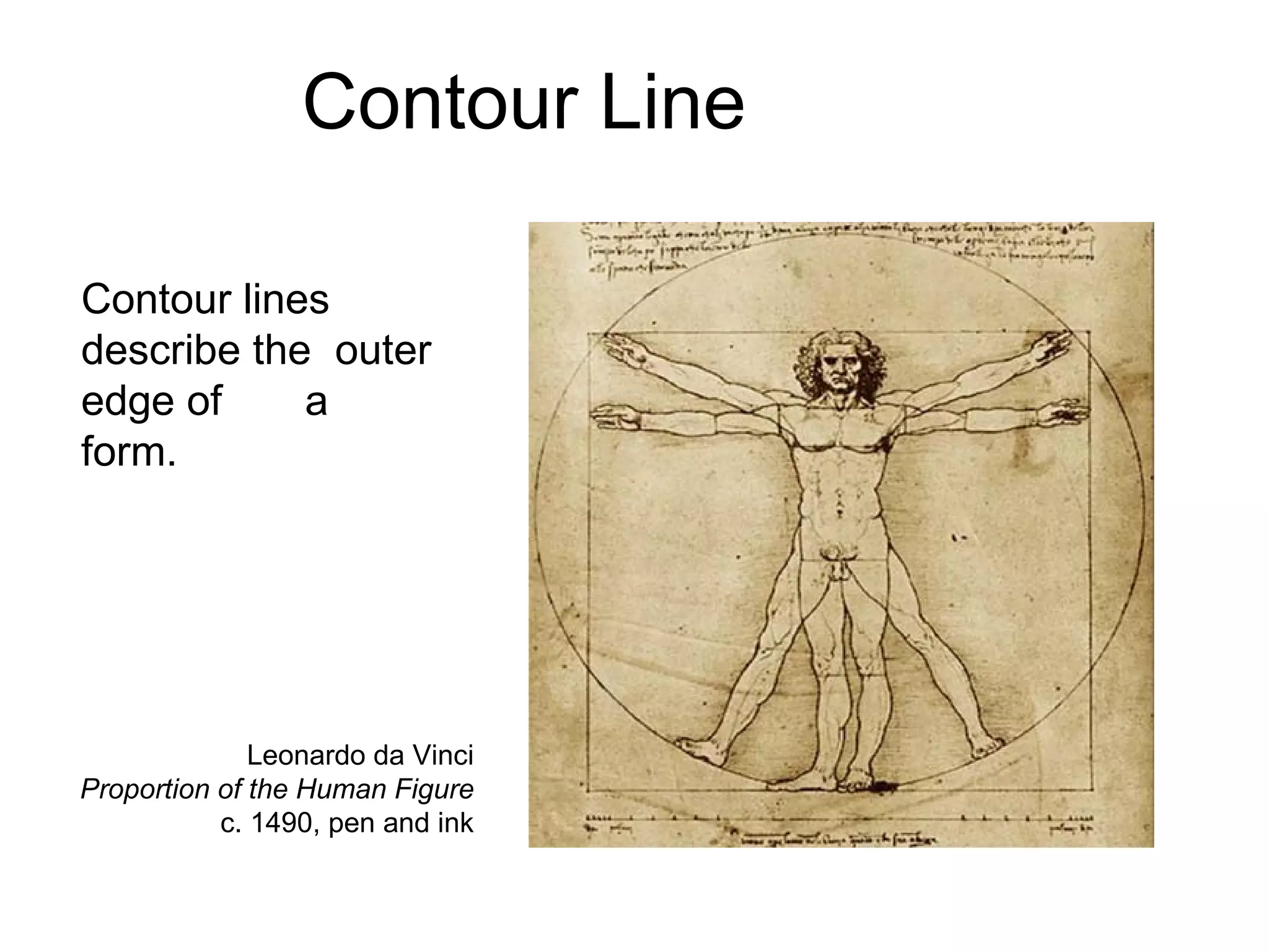 Leonardo da Vinci Proportion of the Human Figure c. 1490, pen and ink Contour lines describe the  outer edge of  a form.  Contour Line 