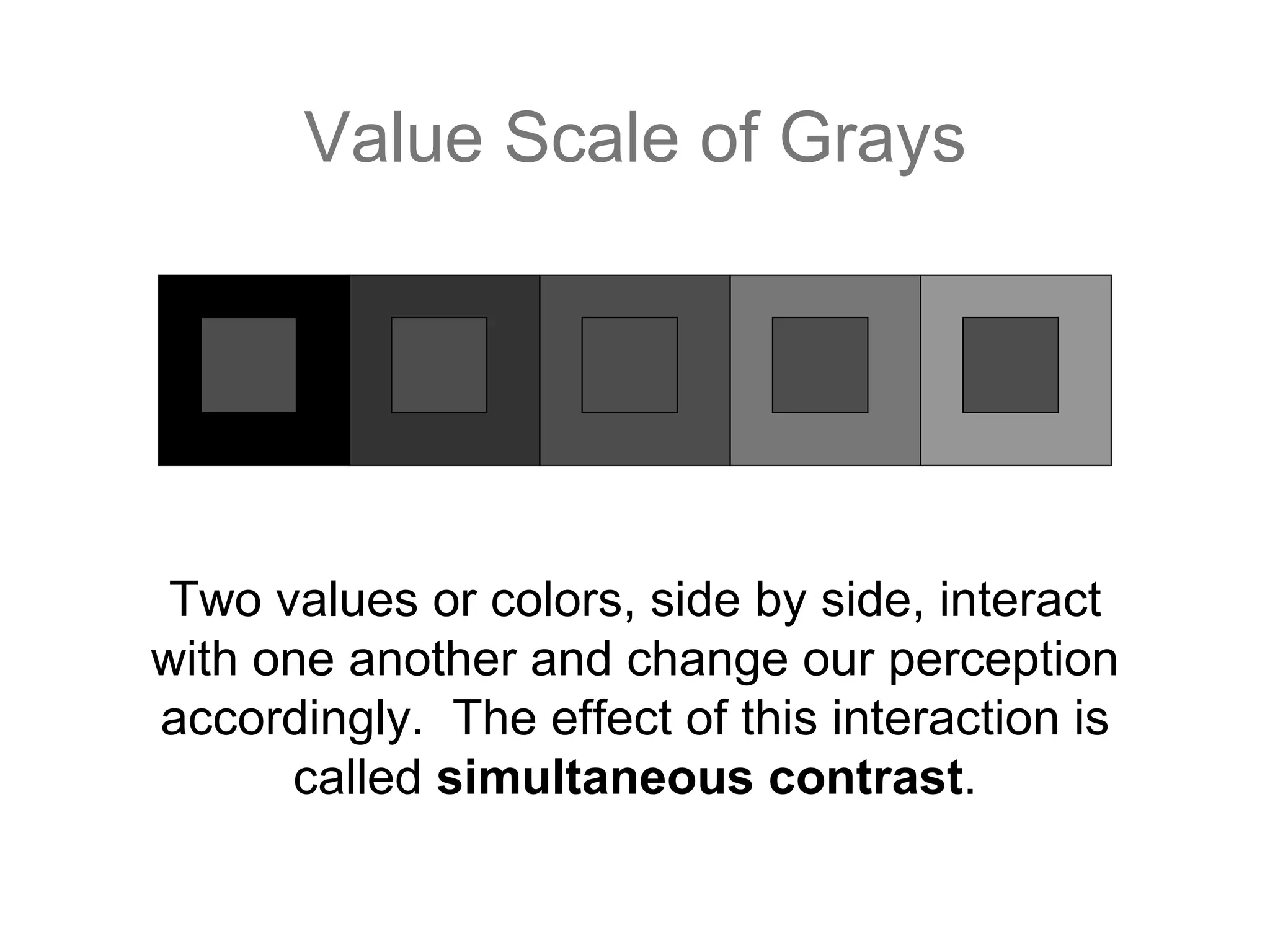 Value Scale of Grays Two values or colors, side by side, interact with one another and change our perception accordingly.  The effect of this interaction is called  simultaneous contrast . 