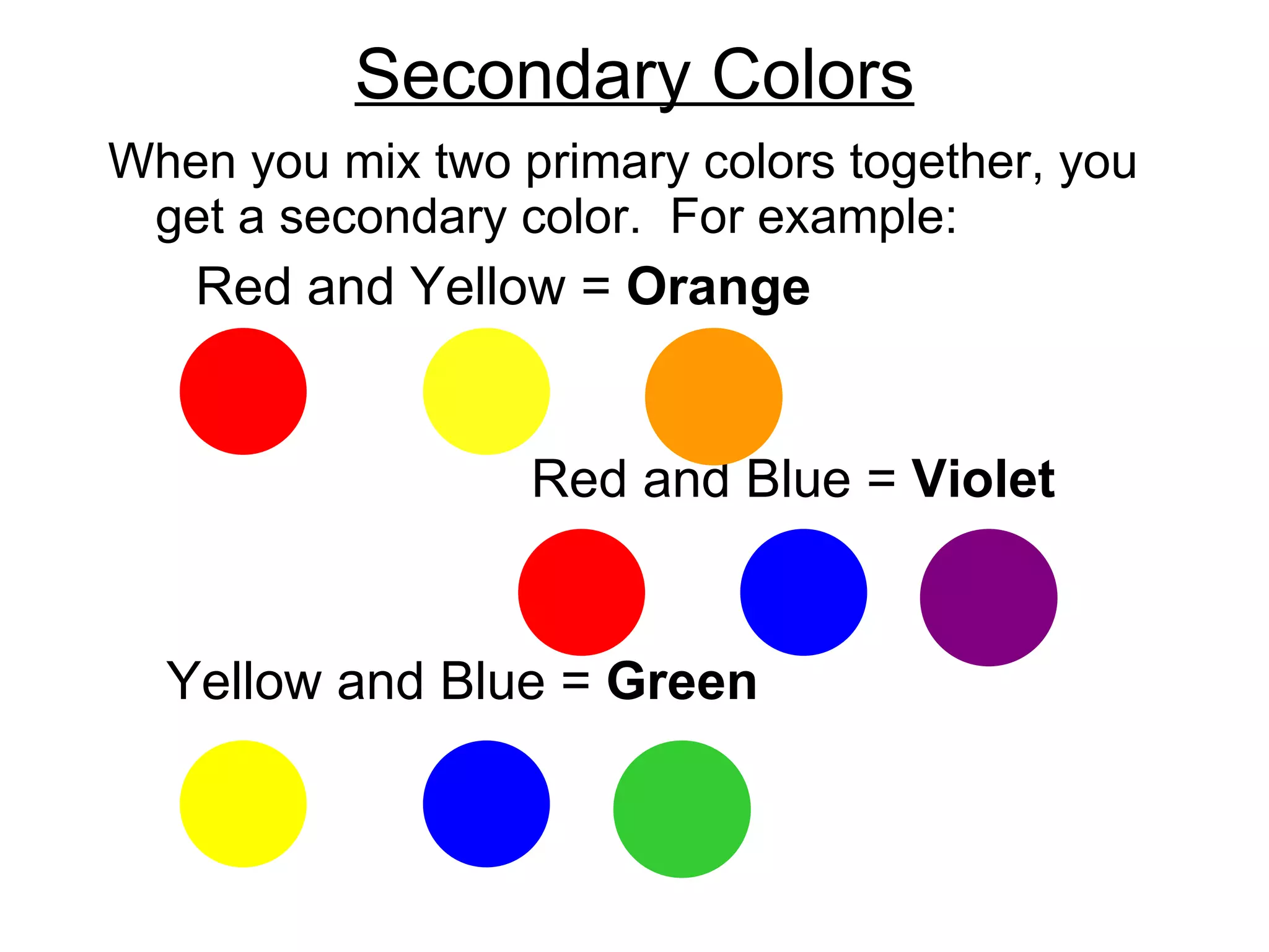 Secondary Colors When you mix two primary colors together, you get a secondary color.  For example: Red and Yellow =  Orange Red and Blue =  Violet Yellow and Blue =  Green 