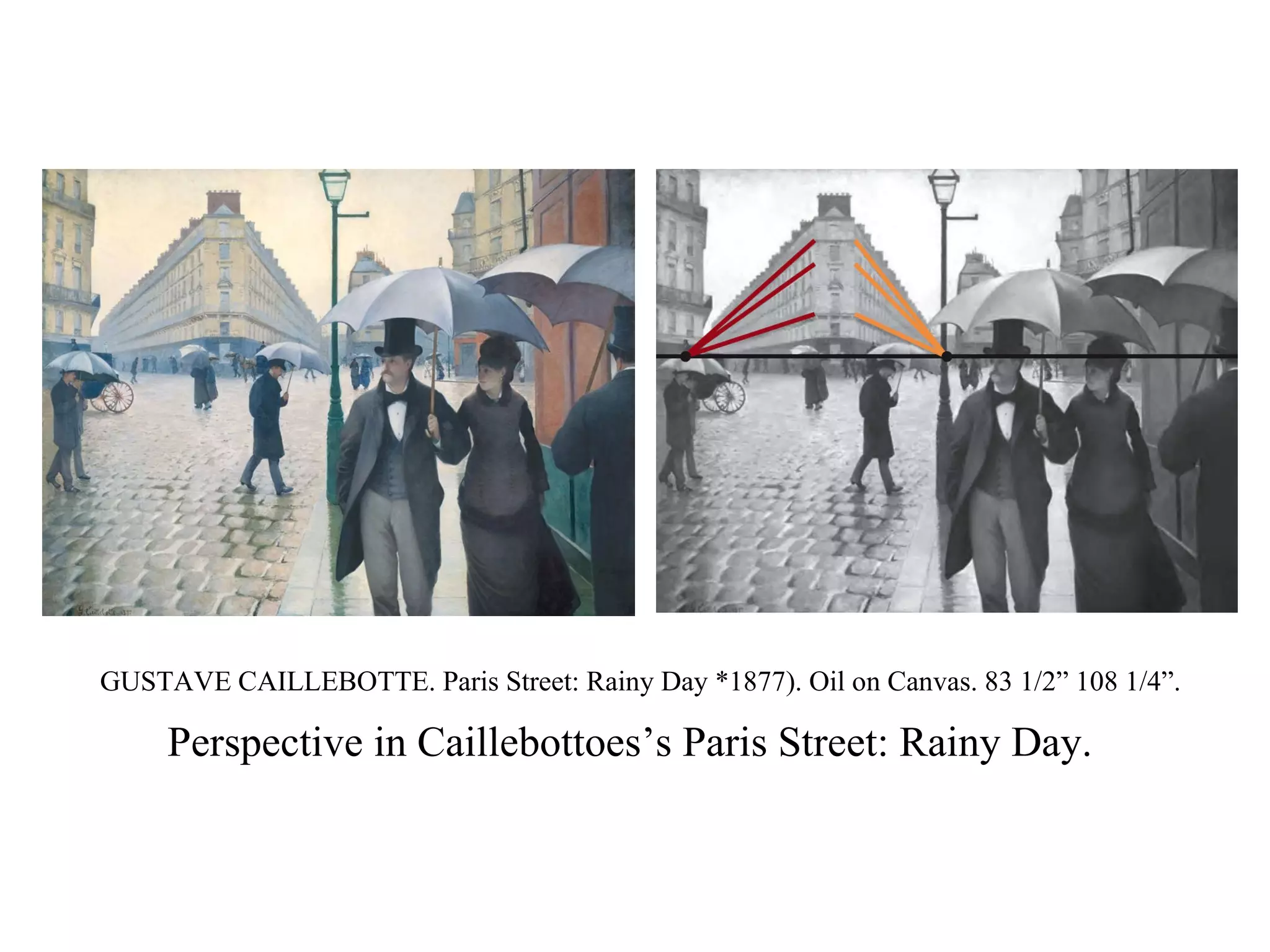 GUSTAVE CAILLEBOTTE. Paris Street: Rainy Day *1877). Oil on Canvas. 83 1/2” 108 1/4”. Perspective in Caillebottoes’s Paris Street: Rainy Day.   