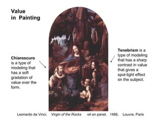Value  in  Painting Chiaroscuro   is a type of modeling that has a soft gradation of value over the form. Tenebrism  is a ...