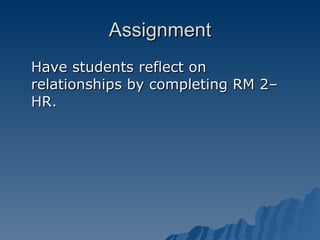 Assignment Have students reflect on relationships by completing RM 2–HR. 