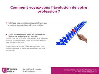 Du diplôme à l’emploi,
Franchir le pas
Bureau d’Aide à l’Insertion Professionnelle
42 rue Paul DUEZ -59000 LILLE
Comment voyez-vous l’évolution de votre
profession ?
Mobilisez vos connaissances générales sur
le secteur économique et votre métier
Il faut clairement se tenir au courant de
l’évolution spécifique du métier :
Il vous faut lire la presse spécialisée, être dans les
réseaux professionnels,, avoir repéré les enjeux
spécifiques du secteur.
Utilisez notre rubrique Ciblez et organisez ces
recherches pour la partie se renseigner sur une
entreprise.
 