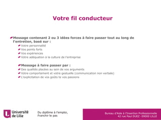 Du diplôme à l’emploi,
Franchir le pas
Bureau d’Aide à l’Insertion Professionnelle
42 rue Paul DUEZ -59000 LILLE
Votre fil conducteur
Message contenant 2 ou 3 idées forces à faire passer tout au long de
l’entretien, basé sur :
Votre personnalité
Vos points forts
Vos expériences
Votre adéquation à la culture de l’entreprise
Message à faire passer par :
Des qualités placées au sein de vos arguments
Votre comportement et votre gestuelle (communication non verbale)
L’explicitation de vos goûts te vos passions
 