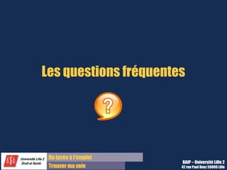 Du diplôme à l’emploi,
Franchir le pas
Bureau d’Aide à l’Insertion Professionnelle
42 rue Paul DUEZ -59000 LILLE
Pourriez-vous présenter ? Parlez-moi de vous ?
Après ou avant la présentation de la société
et du poste/ stage
Moment décisif qui permet de donner une
première bonne impression d’emblée
Possibilité de changer la tenue de l’entretien
si cette première étape est réussie
Ne pas improviser, il faut avoir préparer un
discours précis et structuré pour montrer
d’emblée votre professionnalisme
Cette présentation doit contenir :
2 ou 3 minutes pas plus, à décliner selon si il
s’agit d’un joddating, de discours clair et
articulé,
Une description cohérente de votre parcours,
Vos points forts (compétences et qualités)
développés tout au long de vos cursus de
formation et professionnels,
Des arguments démontrant votre adéquation
avec le profil requis
Première question incontournable ! Se présenter en 2 minutes
Prenez rendez-vous au BAIP afin de travailler cette question essentielle
pour réussir votre entretien.
 