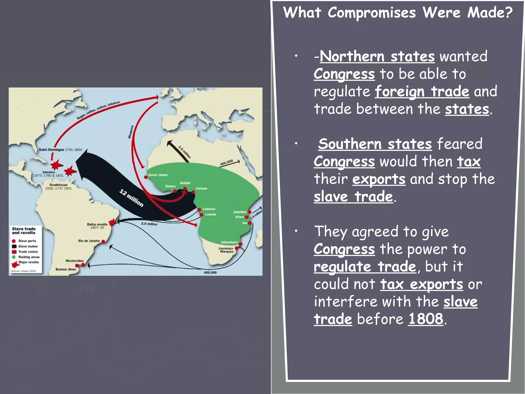 • -Northern states wanted
Congress to be able to
regulate foreign trade and
trade between the states.
• Southern states feared
Congress would then tax
their exports and stop the
slave trade.
• They agreed to give
Congress the power to
regulate trade, but it
could not tax exports or
interfere with the slave
trade before 1808.
What Compromises Were Made?
 