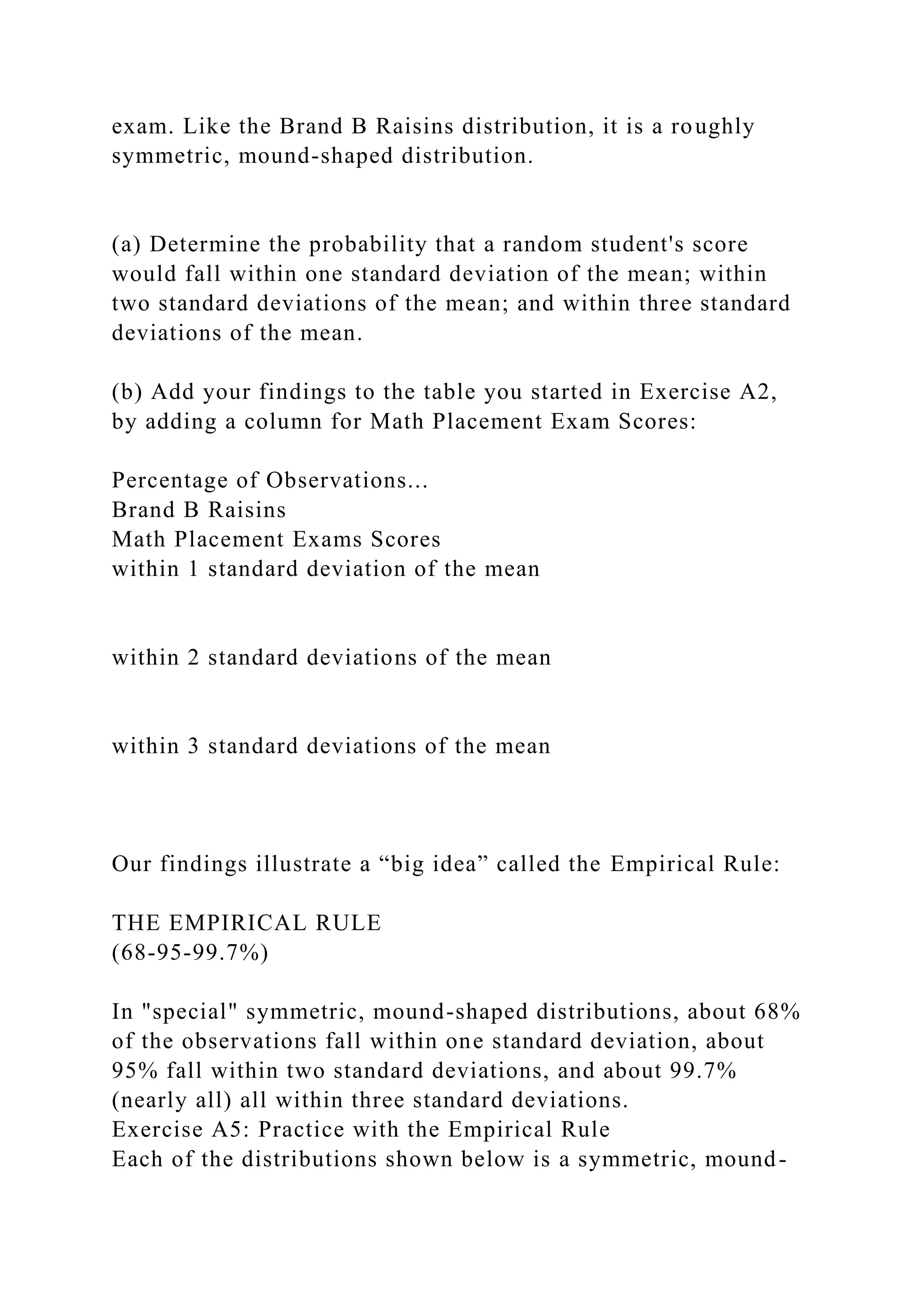 exam. Like the Brand B Raisins distribution, it is a roughly
symmetric, mound-shaped distribution.
(a) Determine the probability that a random student's score
would fall within one standard deviation of the mean; within
two standard deviations of the mean; and within three standard
deviations of the mean.
(b) Add your findings to the table you started in Exercise A2,
by adding a column for Math Placement Exam Scores:
Percentage of Observations...
Brand B Raisins
Math Placement Exams Scores
within 1 standard deviation of the mean
within 2 standard deviations of the mean
within 3 standard deviations of the mean
Our findings illustrate a “big idea” called the Empirical Rule:
THE EMPIRICAL RULE
(68-95-99.7%)
In "special" symmetric, mound-shaped distributions, about 68%
of the observations fall within one standard deviation, about
95% fall within two standard deviations, and about 99.7%
(nearly all) all within three standard deviations.
Exercise A5: Practice with the Empirical Rule
Each of the distributions shown below is a symmetric, mound-
 