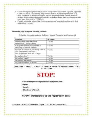  Cancelnon-urgent outpatient visits to ensure enough HCWs are available to provide support for
COVID-19 clinical care,including triage services. Critical or urgent outpatient visits (e.g.
infant vaccination or prenatal checkup for high-risk pregnancy) should continue, however,
facilities should ensure separate/dedicated entry for patients coming for critical outpatient visits
to not place them at risk of COVID-19.
 Consider postponing or cancelling elective procedures and surgeries depending on the local
epidemiologic context.
Monitoring sign /symptoms screening checklist :
A checklist for weekly monitoring by District Surgeon/ Anesthetist is at Annexure VI
Question Response
Has someone in your close family
returned from a foreign country
Yes/No
Is the patient under home quarantine as
advised by local health authority?
Yes/No
Have you or someone in your family come in
close contact with a confirmed
COVID-19 patient in the last 14 days?
Yes/No
Do you have fever? Yes/No
Do you have cough? Yes/No
Do you have sore throat? Yes/No
Do you feel shortness of breath? Yes/No
APPENDIX 1: VISUAL ALERT TO DIRECT PATIENT WITH RESPIRATORY
SYMPTOMS
APPENDIX 2: RESPIRATORY ETIQUETTE AND HAND HYGIENE
 