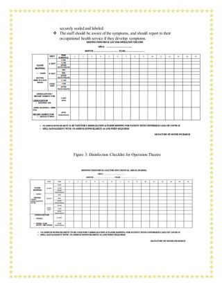 securely sealed and labeled.
 The staff should be aware of the symptoms, and should report to their
occupational health service if they develop symptoms.
Figure 3: Disinfection Checklist for Operation Theatre
 
