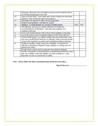 If leakage will result in loss of negative pressure in the respirator due to
air entering through gaps in the seal.
10. After wear N95 mask . never touch outer surface during your duty hours
(4 hours). After 4 hours the mask to be replace it
11. N95 mask to be discard in yellow bin for incineration
Medical mask guidelines and disposal method
III. TRIPLE LAYER MEDICAL MASK GUIDELINESS YES NO
I The following measures to contain respiratory secretions are
recommended for all individuals with signs and symptoms of a
respiratory infection.
1. Cover your mouth and nose with a tissue when coughing or sneezing;
2. Use in the nearest waste receptacle to dispose of the tissue after use;
3.. Perform hand hygiene (e.g.,hand washing with non-antimicrobial soap
and water,alcohol-based hand rub, or antiseptic hand wash) after having
contact with respiratory secretions and contaminated objects/materials.
II Healthcare facilities should ensure the availability of materials for
adhering to Respiratory Hygiene/Cough Etiquette in waiting areas for
patients and visitors.
Provide tissues and no-touch receptacles for used tissue disposal.
Provide conveniently located dispensers of alcohol-based hand rub; where
sinks are available, ensure that supplies for hand washing (i.e., soap,
disposable towels) are consistently available.
Note: - Please followthe above-mentioned steps strictly for your safety.
Sign of observer…………………………
 