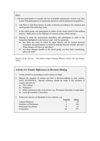 Part 2
1. Ask the participants to consider the list of possible obstructions women may face
    to their full participation in community decisions and development programmes.
2.   Ask them to rank these factors in order of priority according to the situation and
     social group with which they work.
3    In the whole group, ask participants to reflect on the issues raised in the ranking
     activity. Make notes on the flipchart of common points which emerge.
4.   Bearing in mind the obstructions identified, ask participants to refer to the
     categories highlighted in the balance grid. Ask the questions:
     a) Are there any ways in which an equal balance can be created between
         workloads and participation in decision-making between women and men?
         What changes will have to take place?
     b) Are these changes feasible in the social group you have been considering,
         and work with?


(Source of the Activity: The Oxfam Gender Training Manual, Oxfam UK and Ireland,
1994.)




Activity 2.4: Gender Differences in Decision-Making

1.   Group yourselves according to your country of origin.
2.   Discuss the situation of women and men in decision-making in your country.
     GIVE STATISTICS. Special reference should be made to the numbers of
     women and men in:
     a) The Cabinet
     b) Parliament
     c) Senior positions in the civil service, e.g., Permanent Secretary or equivalent
     d) Local government: Councillors

3.   Write your answers on flipcharts in two columns, e.g.,
                                                              Females     Males
     Cabinet Ministers                                          5           25
     Members of Parliament                                      6          184
     Permanent Secretaries                                      8           22
     Councillors                                               25          275
 
