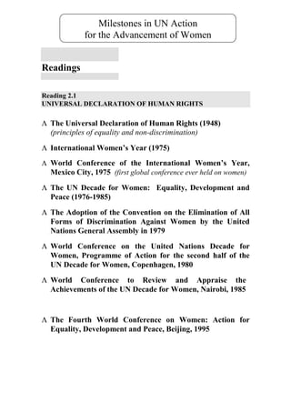 Milestones in UN Action
             for the Advancement of Women


Readings

Reading 2.1
UNIVERSAL DECLARATION OF HUMAN RIGHTS

Λ The Universal Declaration of Human Rights (1948)
  (principles of equality and non-discrimination)
Λ International Women’s Year (1975)
Λ World Conference of the International Women’s Year,
  Mexico City, 1975 (first global conference ever held on women)
Λ The UN Decade for Women: Equality, Development and
  Peace (1976-1985)
Λ The Adoption of the Convention on the Elimination of All
  Forms of Discrimination Against Women by the United
  Nations General Assembly in 1979
Λ World Conference on the United Nations Decade for
  Women, Programme of Action for the second half of the
  UN Decade for Women, Copenhagen, 1980
Λ World Conference to Review and Appraise the
  Achievements of the UN Decade for Women, Nairobi, 1985


Λ The Fourth World Conference on Women: Action for
  Equality, Development and Peace, Beijing, 1995
 