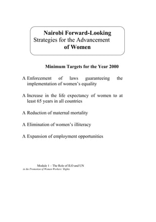 Nairobi Forward-Looking
         Strategies for the Advancement
                      of Women


                   Minimum Targets for the Year 2000

Λ Enforcement    of   laws    guaranteeing         the
  implementation of women’s equality

Λ Increase in the life expectancy of women to at
  least 65 years in all countries

Λ Reduction of maternal mortality

Λ Elimination of women’s illiteracy

Λ Expansion of employment opportunities




            Module 1 – The Role of ILO and UN
in the Promotion of Women Workers’ Rights
 