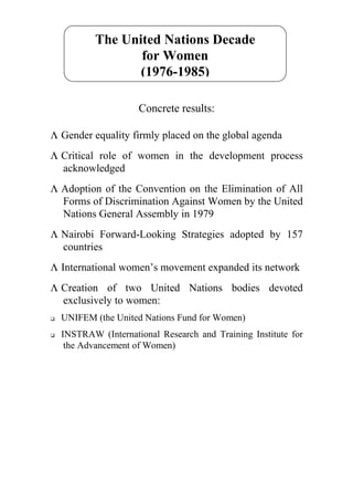 The United Nations Decade
                 for Women
                 (1976-1985)

                    Concrete results:

Λ Gender equality firmly placed on the global agenda
Λ Critical role of women in the development process
  acknowledged
Λ Adoption of the Convention on the Elimination of All
  Forms of Discrimination Against Women by the United
  Nations General Assembly in 1979
Λ Nairobi Forward-Looking Strategies adopted by 157
  countries
Λ International women’s movement expanded its network
Λ Creation of two United Nations bodies devoted
  exclusively to women:
  UNIFEM (the United Nations Fund for Women)
  INSTRAW (International Research and Training Institute for
   the Advancement of Women)
 