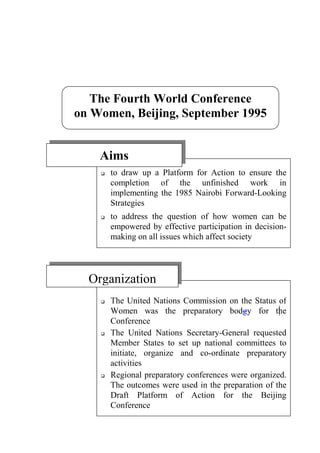 The Fourth World Conference
on Women, Beijing, September 1995


    Aims
      to draw up a Platform for Action to ensure the
      completion of the unfinished work in
      implementing the 1985 Nairobi Forward-Looking
      Strategies
      to address the question of how women can be
      empowered by effective participation in decision-
      making on all issues which affect society




  Organization
      The United Nations Commission on the Status of
      Women was the preparatory bodgy for the
      Conference
      The United Nations Secretary-General requested
      Member States to set up national committees to
      initiate, organize and co-ordinate preparatory
      activities
      Regional preparatory conferences were organized.
      The outcomes were used in the preparation of the
      Draft Platform of Action for the Beijing
      Conference
 