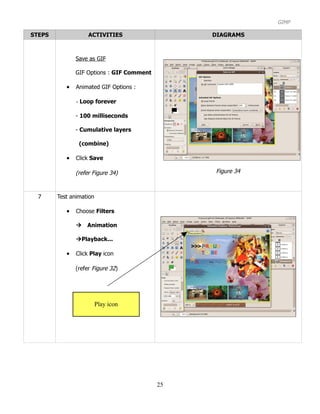 GIMP

STEPS               ACTIVITIES                  DIAGRAMS



               Save as GIF

               GIF Options : GIF Comment

           •   Animated GIF Options :

               - Loop forever

               - 100 milliseconds

               - Cumulative layers

                (combine)

           •   Click Save

               (refer Figure 34)                Figure 34



  7     Test animation

           •   Choose Filters

               Animation

               Playback...

           •   Click Play icon

               (refer Figure 32)




                         Play icon




                                           25
 