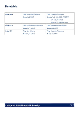 Liverpool John Moores University Page 6
Timetable
Friday 9-11 Tutor Rhian Wyn-Williams
Room JF/107E/IT
Tutor Elizabeth Fitzsimons
Room Wks 1, 3, 6, 8-10: JF/207/IT
Wk 2: JF/IT Suite B
Wks 11-12: JLADB/PC Lab
Friday 11-1 Tutor Jane Hennessy-Murdoch
Room JF/IT suite C
Tutor Rhonwen Bruce-Roberts
Room JF/107E/IT
Friday 2-4 Tutor Neil Roberts
Room JF/IT suite C
Tutor Elizabeth Fitzsimons
Room JF/207/IT
 