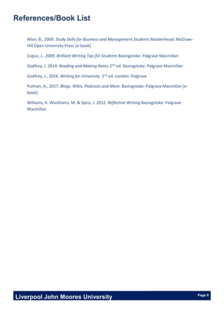 Liverpool John Moores University Page 9
References/Book List
Allan, B., 2009. Study Skills for Business and Management Students Maidenhead: McGraw-
Hill Open University Press [e-book]
Copus, J., 2009. Brilliant Writing Tips for Students Basingstoke: Palgrave Macmillan
Godfrey, J. 2014. Reading and Making Notes 2nd ed. Basingstoke: Palgrave Macmillan
Godfrey, J., 2016. Writing for University. 2nd ed. London: Palgrave
Pulman, A., 2017. Blogs. Wikis, Podcasts and More. Basingstoke: Palgrave Macmillan [e-
book]
Williams, K. Woolliams, M. & Spiro, J. 2012. Reflective Writing Basingstoke: Palgrave
Macmillan
 