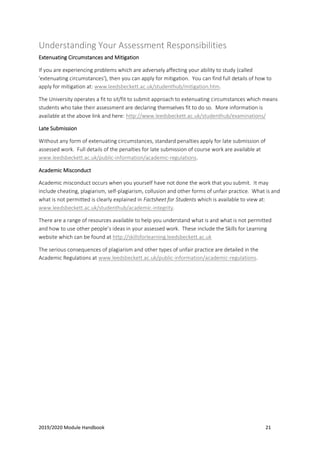 2019/2020 Module Handbook 21
Understanding Your Assessment Responsibilities
Extenuating Circumstances and Mitigation
If you are experiencing problems which are adversely affecting your ability to study (called
'extenuating circumstances'), then you can apply for mitigation. You can find full details of how to
apply for mitigation at: www.leedsbeckett.ac.uk/studenthub/mitigation.htm.
The University operates a fit to sit/fit to submit approach to extenuating circumstances which means
students who take their assessment are declaring themselves fit to do so. More information is
available at the above link and here: http://www.leedsbeckett.ac.uk/studenthub/examinations/
Late Submission
Without any form of extenuating circumstances, standard penalties apply for late submission of
assessed work. Full details of the penalties for late submission of course work are available at
www.leedsbeckett.ac.uk/public-information/academic-regulations.
Academic Misconduct
Academic misconduct occurs when you yourself have not done the work that you submit. It may
include cheating, plagiarism, self-plagiarism, collusion and other forms of unfair practice. What is and
what is not permitted is clearly explained in Factsheet for Students which is available to view at:
www.leedsbeckett.ac.uk/studenthub/academic-integrity.
There are a range of resources available to help you understand what is and what is not permitted
and how to use other people’s ideas in your assessed work. These include the Skills for Learning
website which can be found at http://skillsforlearning.leedsbeckett.ac.uk
The serious consequences of plagiarism and other types of unfair practice are detailed in the
Academic Regulations at www.leedsbeckett.ac.uk/public-information/academic-regulations.
 
