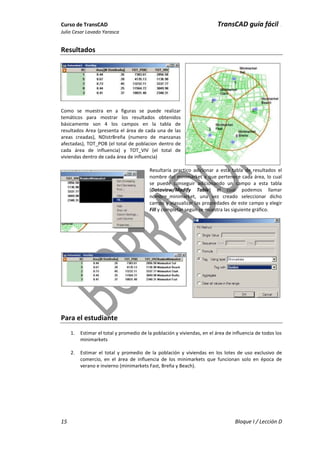 Curso de TransCAD TransCAD guía fácil .
Julio Cesar Lavado Yarasca
15 Bloque I / Lección D
Resultados
Como se muestra en a figuras se puede realizar
temáticos para mostrar los resultados obtenidos
básicamente son 4 los campos en la tabla de
resultados Area (presenta el área de cada una de las
areas creadas), NDistrBreña (numero de manzanas
afectadas), TOT_POB (el total de poblacion dentro de
cada área de influencia) y TOT_VIV (el total de
viviendas dentro de cada área de influencia)
Resultaría practico adicionar a esta tabla de resultados el
nombre del minimarket a que pertenece cada área, lo cual
se puede conseguir adicionando un campo a esta tabla
(Dataview/Modify Table) el cual podemos llamar
nombre_minimarket, una vez creado seleccionar dicho
campo y viasualizar las propiedades de este campo y elegir
Fill y completar según se muestra las siguiente gráfico.
Para el estudiante
1. Estimar el total y promedio de la población y viviendas, en el área de influencia de todos los
minimarkets
2. Estimar el total y promedio de la población y viviendas en los lotes de uso exclusivo de
comercio, en el área de influencia de los minimarkets que funcionan solo en época de
verano e invierno (minimarkets Fast, Breña y Beach).
 