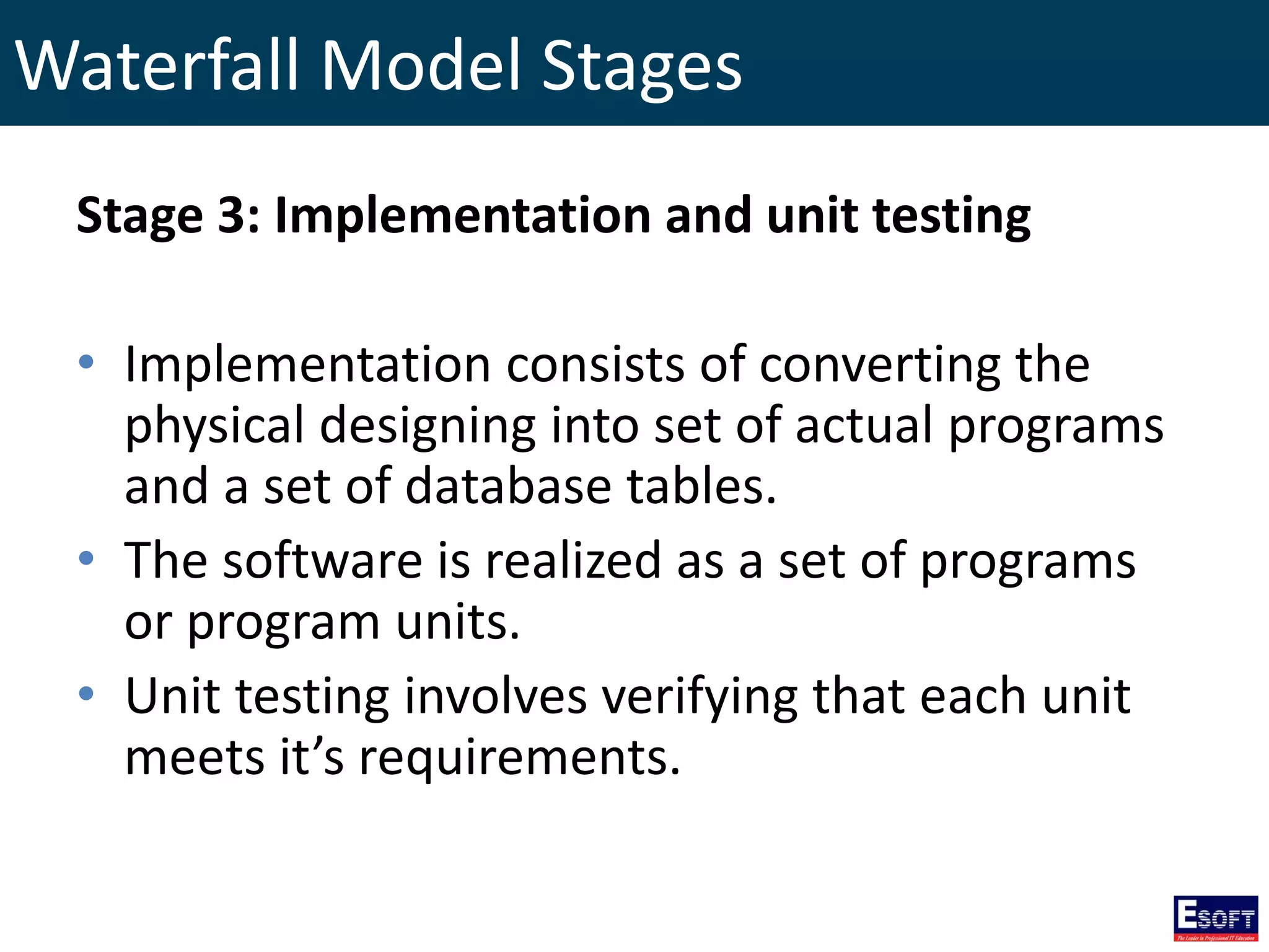 Waterfall Model Stages
Stage 3: Implementation and unit testing
• Implementation consists of converting the
physical designing into set of actual programs
and a set of database tables.
• The software is realized as a set of programs
or program units.
• Unit testing involves verifying that each unit
meets it’s requirements.
 