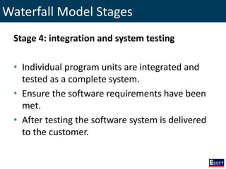 Waterfall Model Stages
Stage 4: integration and system testing
• Individual program units are integrated and
tested as a complete system.
• Ensure the software requirements have been
met.
• After testing the software system is delivered
to the customer.
 