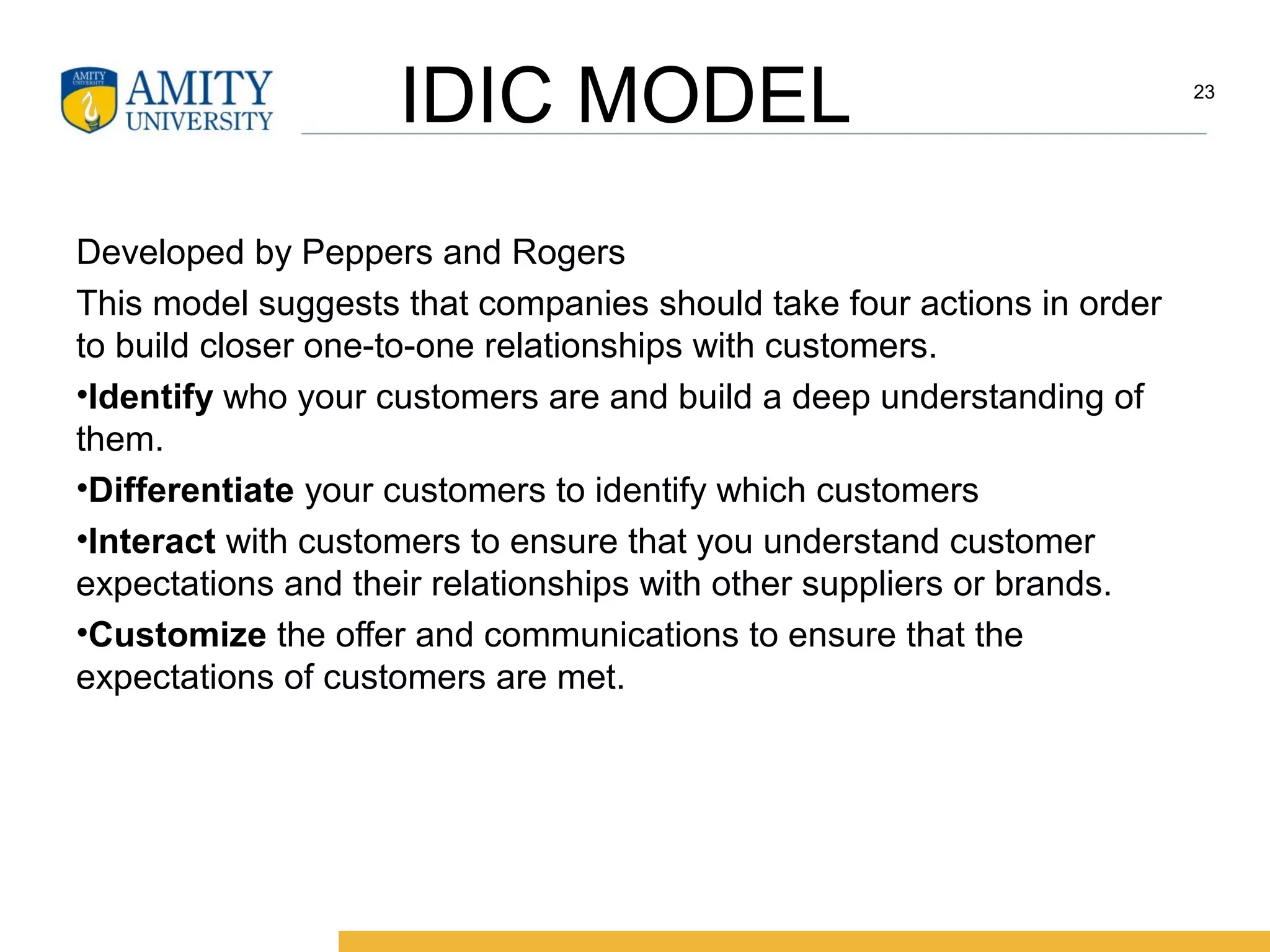 IDIC MODEL
Developed by Peppers and Rogers
This model suggests that companies should take four actions in order
to build closer one-to-one relationships with customers.
•Identify who your customers are and build a deep understanding of
them.
•Differentiate your customers to identify which customers
•Interact with customers to ensure that you understand customer
expectations and their relationships with other suppliers or brands.
•Customize the offer and communications to ensure that the
expectations of customers are met.
23
 
