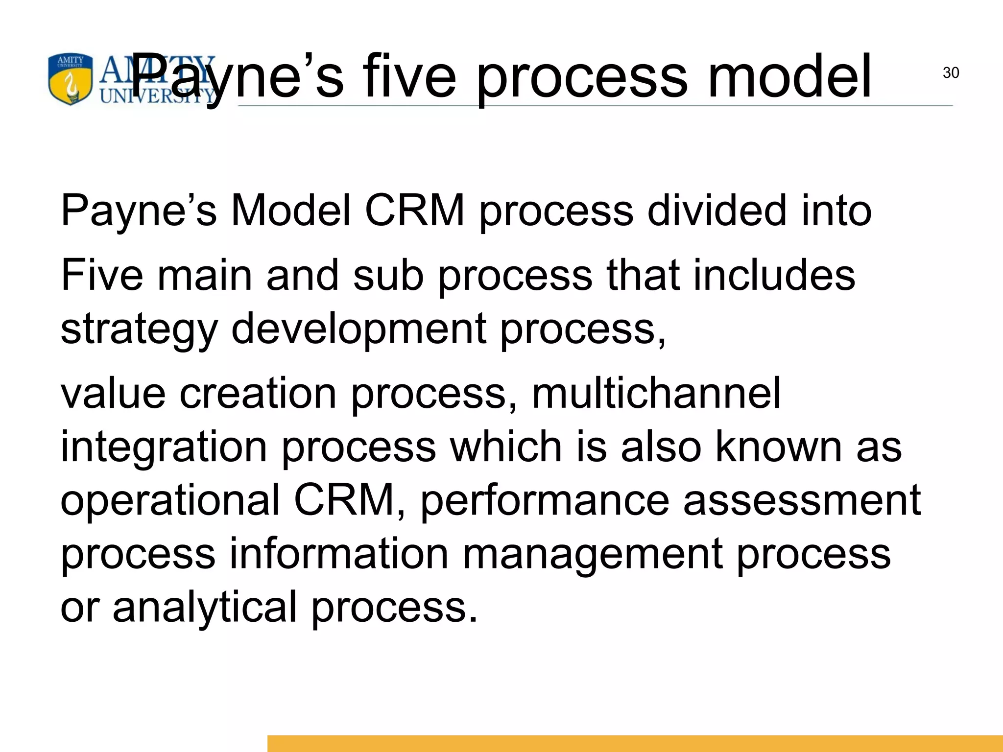 Payne’s five process model
Payne’s Model CRM process divided into
Five main and sub process that includes
strategy development process,
value creation process, multichannel
integration process which is also known as
operational CRM, performance assessment
process information management process
or analytical process.
30
 