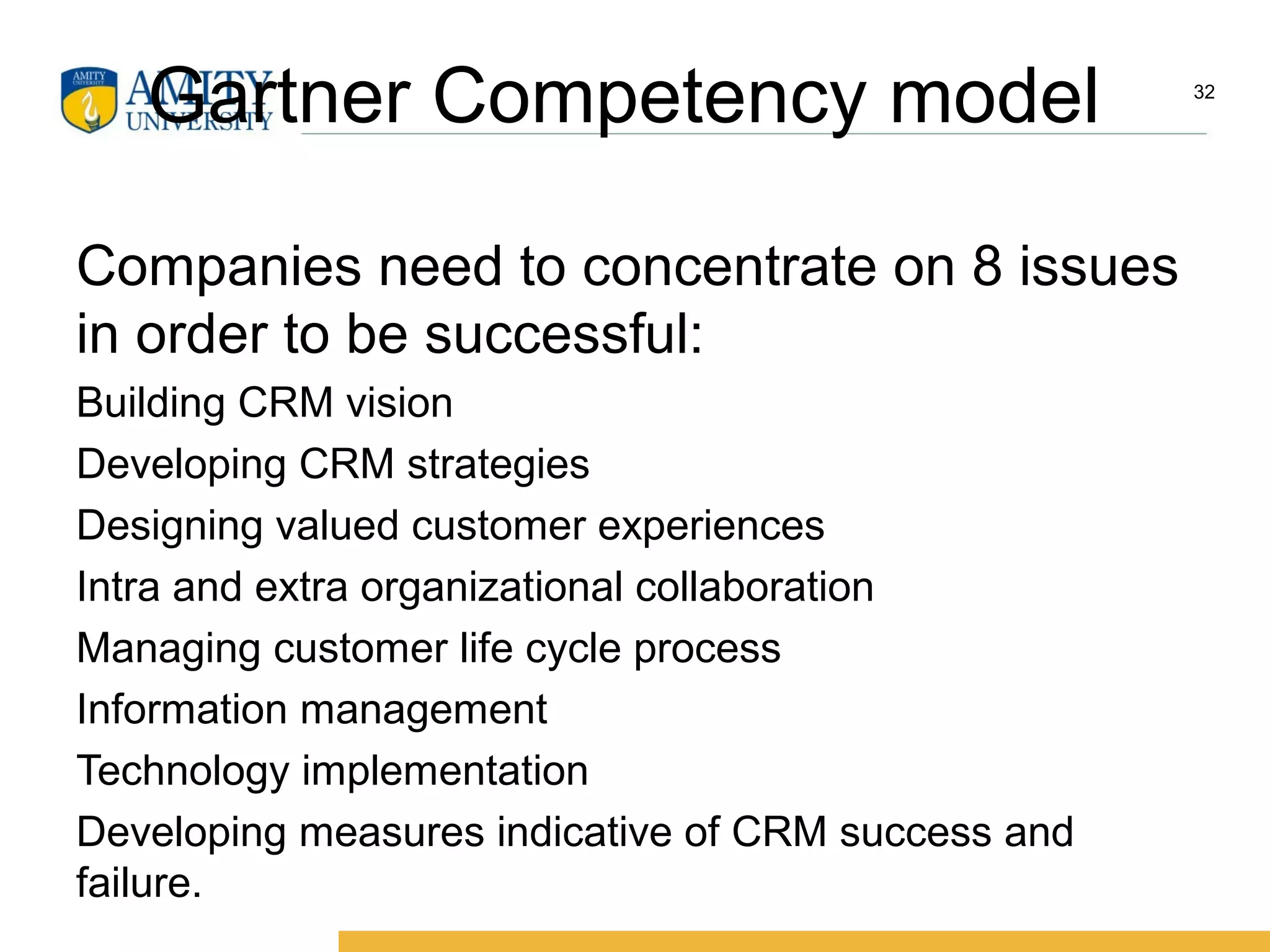 Gartner Competency model
Companies need to concentrate on 8 issues
in order to be successful:
Building CRM vision
Developing CRM strategies
Designing valued customer experiences
Intra and extra organizational collaboration
Managing customer life cycle process
Information management
Technology implementation
Developing measures indicative of CRM success and
failure.
32
 