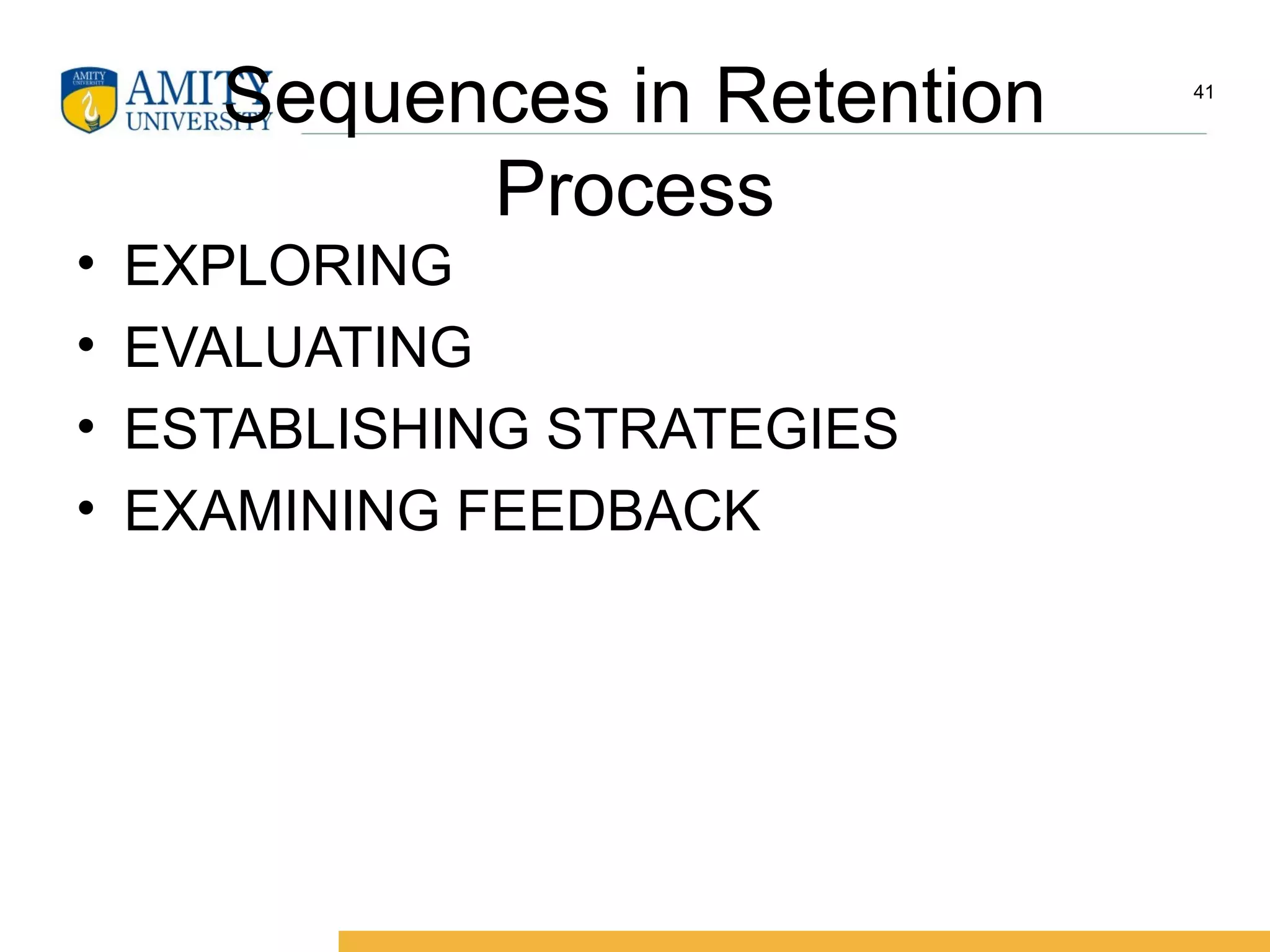 Sequences in Retention
Process
• EXPLORING
• EVALUATING
• ESTABLISHING STRATEGIES
• EXAMINING FEEDBACK
41
 