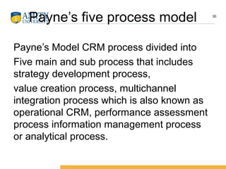 Payne’s five process model
Payne’s Model CRM process divided into
Five main and sub process that includes
strategy development process,
value creation process, multichannel
integration process which is also known as
operational CRM, performance assessment
process information management process
or analytical process.
30
 