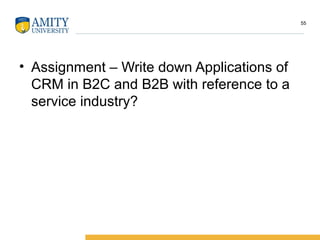 • Assignment – Write down Applications of
CRM in B2C and B2B with reference to a
service industry?
55
 