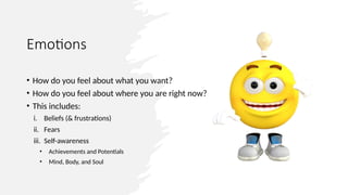 Emotions
• How do you feel about what you want?
• How do you feel about where you are right now?
• This includes:
i. Beliefs (& frustrations)
ii. Fears
iii. Self-awareness
• Achievements and Potentials
• Mind, Body, and Soul
 