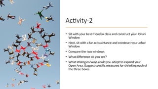 Activity-2
• Sit with your best friend in class and construct your Johari
Window
• Next, sit with a far acquaintance and construct your Johari
Window
• Compare the two windows
• What difference do you see?
• What strategies/ways could you adopt to expand your
Open Area. Suggest specific measures for shrinking each of
the three boxes.
 