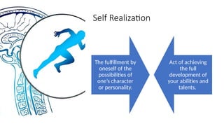 Self Realization
The fulfillment by
oneself of the
possibilities of
one’s character
or personality.
Act of achieving
the full
development of
your abilities and
talents.
 