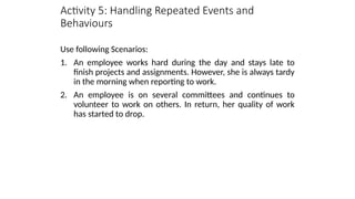 Activity 5: Handling Repeated Events and
Behaviours
Use following Scenarios:
1. An employee works hard during the day and stays late to
finish projects and assignments. However, she is always tardy
in the morning when reporting to work.
2. An employee is on several committees and continues to
volunteer to work on others. In return, her quality of work
has started to drop.
 
