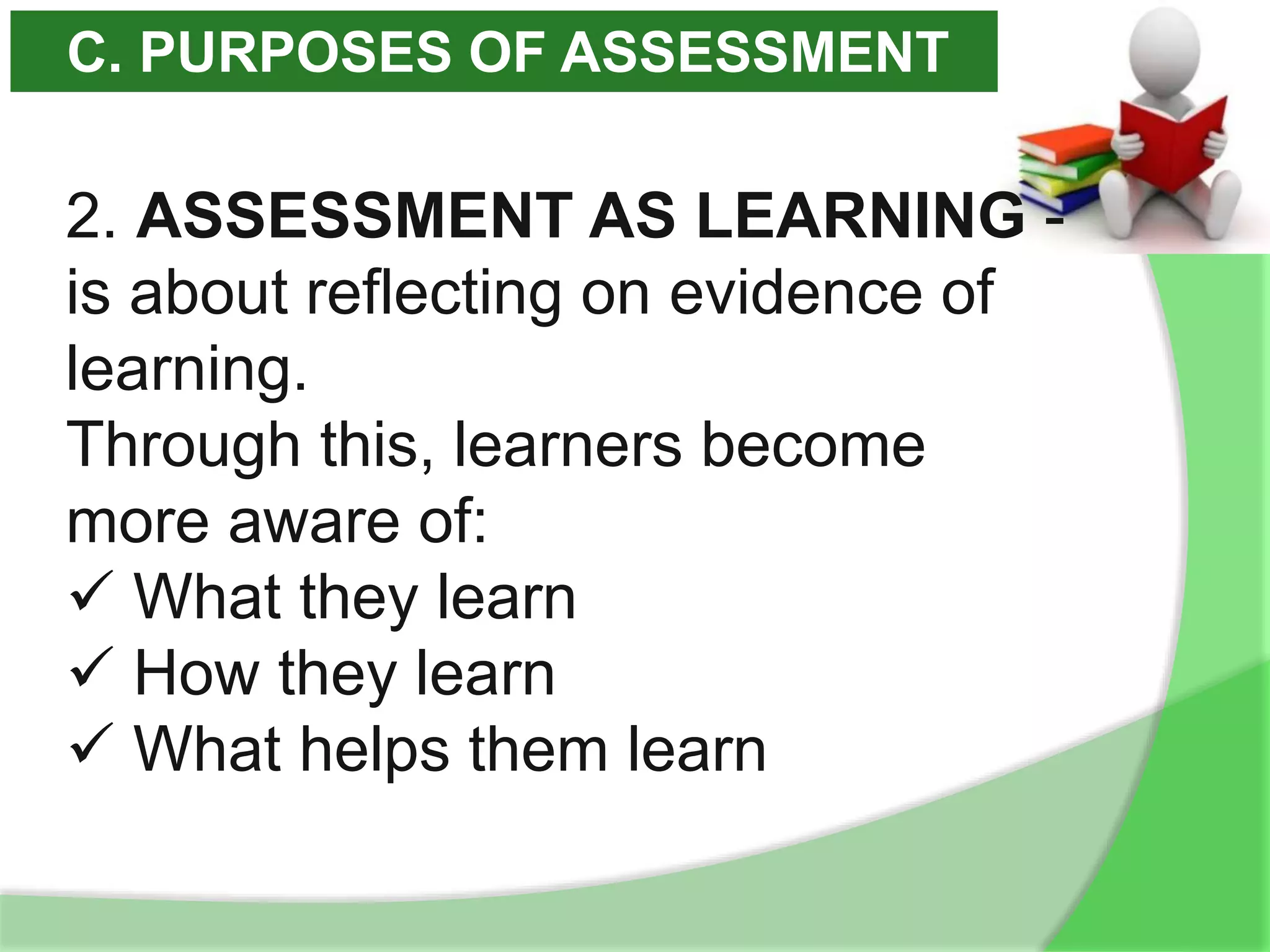 C. PURPOSES OF ASSESSMENT
2. ASSESSMENT AS LEARNING -
is about reflecting on evidence of
learning.
Through this, learners become
more aware of:
 What they learn
 How they learn
 What helps them learn
 