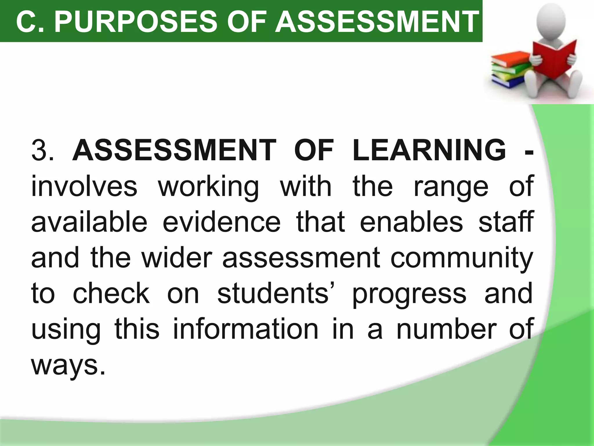 C. PURPOSES OF ASSESSMENT
3. ASSESSMENT OF LEARNING -
involves working with the range of
available evidence that enables staff
and the wider assessment community
to check on students’ progress and
using this information in a number of
ways.
 