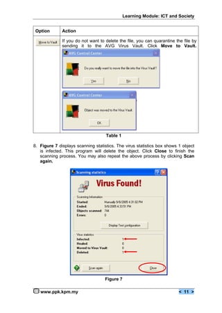Learning Module: ICT and Society


 Option       Action

              If you do not want to delete the file, you can quarantine the file by
              sending it to the AVG Virus Vault. Click Move to Vault.




                                    Table 1

8. Figure 7 displays scanning statistics. The virus statistics box shows 1 object
   is infected. This program will delete the object. Click Close to finish the
   scanning process. You may also repeat the above process by clicking Scan
   again.




                                    Figure 7

   www.ppk.kpm.my                                                        < 11 >
 