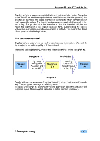 Learning Module: ICT and Society


Cryptography is a process associated with encryption and decryption. Encryption
is the process of transforming information from an unsecured form (ordinary text,
cleartext or plaintext) into coded information (ciphertext), which cannot be easily
read by outside parties. The transformation process is controlled by an algorithm
and a key. The process must be reversible so that the intended recipient can
return the information to its original, readable form, but reversing the process
without the appropriate encryption information is difficult. This means that details
of the key must also be kept secret.


How to use cryptography?

Cryptography is used when we want to send secured information. We want the
information to be understood by only the recipient.

In order to use cryptography, we need to understand how it works (Diagram 1).


               encryption                           decryption

                     by using                            by using
  Plaintext        Encryption        Ciphertext        Decryption          Plaintext
     (P)          Algorithm and         (C)           Algorithm and           (P)
                    a key (K)                           a key (K)



                                    Diagram 1

Sender will encrypt a message (plaintext) by using an encryption algorithm and a
key. This encrypted message is called ciphertext.
Recipient will decrypt the ciphertext by using decryption algorithm and a key that
is agreed upon. This decrypted ciphertext is called plaintext (message).




   www.ppk.kpm.my                                                          < 20 >
 